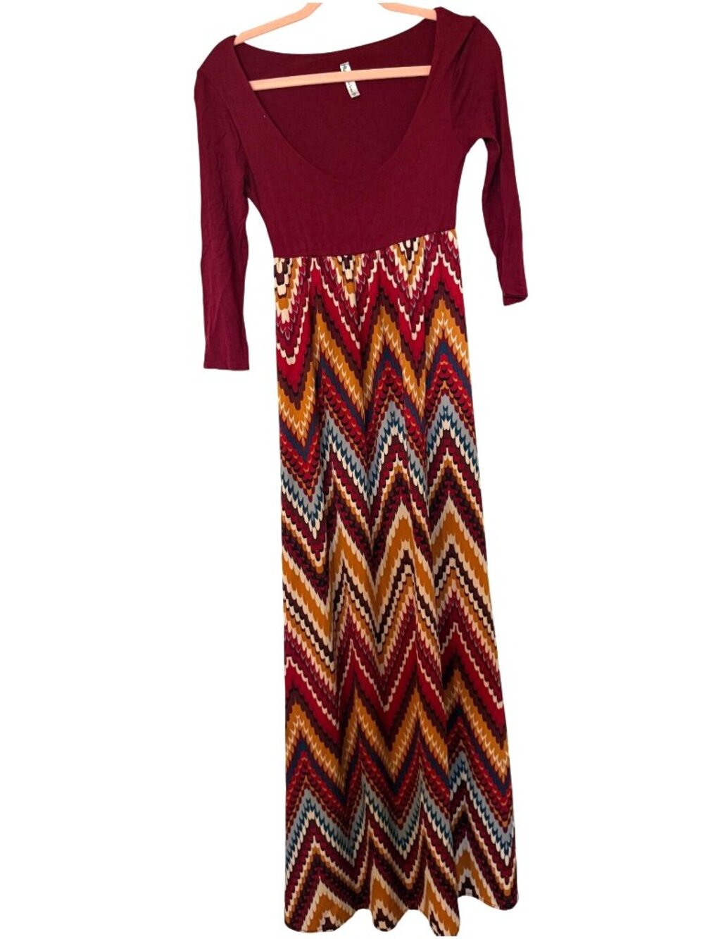 Auditions Womens Chevron Maxi Dress Multi & Burgundy Long Sleeve Scoop Neck Med